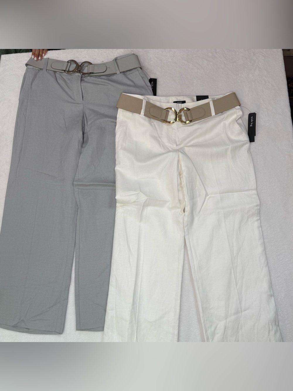 Alfani Womens Modern Wide Leg Belted Pants Linen Size 16 White & Gray Lot Of 2